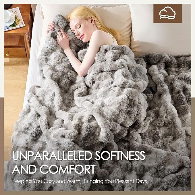 Luxury 1000GSM Faux Rabbit Fur Throw Blanket, Super Heavy Warm Cozy Blankets for Couch Bed Sofa, Bubble Plush Fuzzy Elegant Soft Reversible Mink Blanket for Living Room Bedroom, Tie-dye Grey