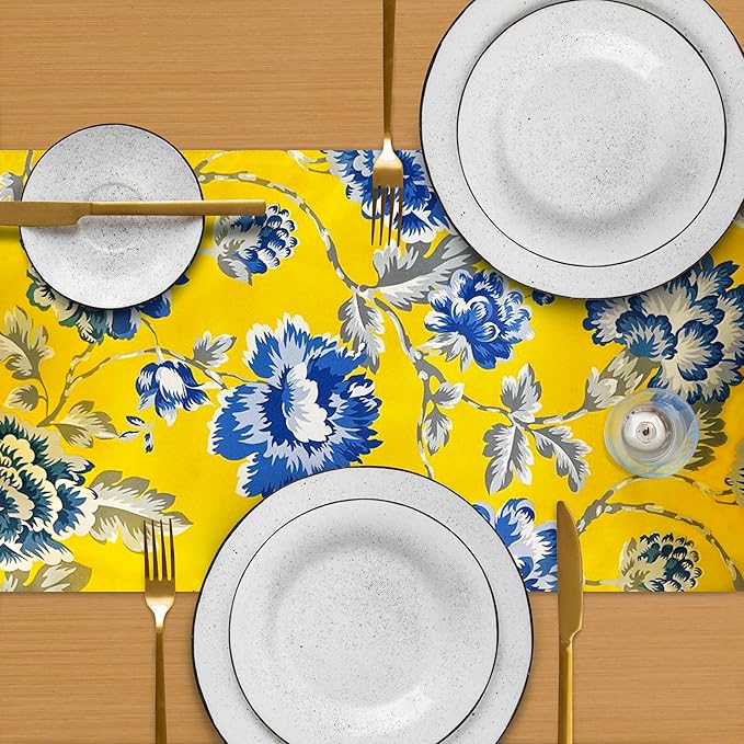 Decozen Table Runner - Japanese Print Floral Design Perfect for Kitchen Dining Room Home Decor Console Table Farmhouse - Yellow