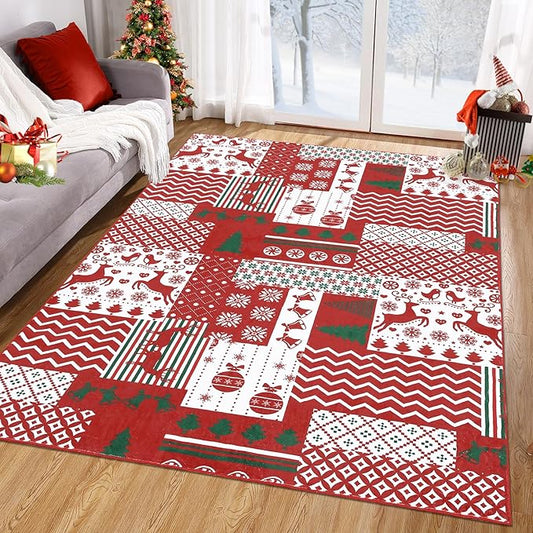 RUGSREAL Christmas Area Rug 5x7 Feet Christmas Patchwork Pattern Floor Cover Machine Washable Indoor Carpet Rug Decorative Non Slip Accent Rug for Kitchen Bathroom Living Room Bedroom