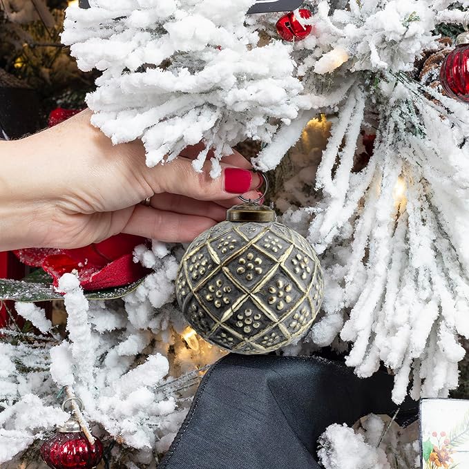 AuldHome Design Farmhouse Ball Ornaments (Set of 6, Antique Gold); Distressed Metal Glass Ball Vintage Style Christmas Decorations