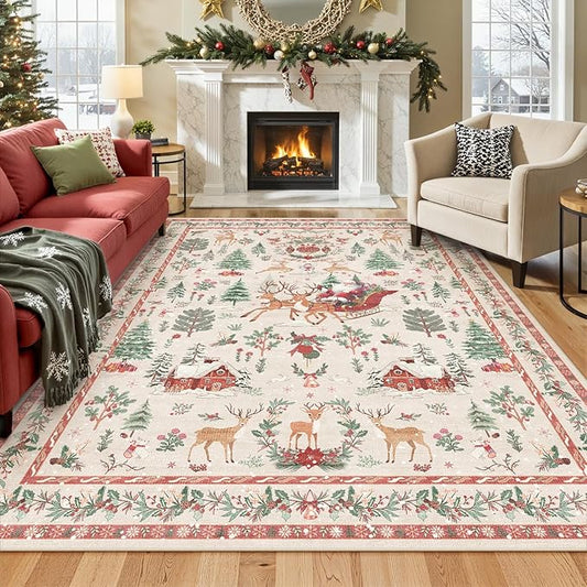 Lahome Christmas 8x10 Living Room Area Rug, Soft Christmas Tree Large Washable Rug for Bedroom, Non Slip Low Pile Indoor Floor Carpet for Home Office Xmas Holiday Decor, Beige