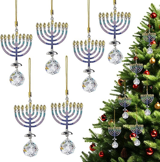 6 PCS Hanukkah Menorah Hanging Ornaments, Crystal Suncatchers for Christmas Tree, Halloween & Hanukkah Decorations, Window Suncatchers & Gift