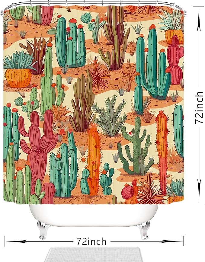 Domoku Multicolor Desert Cactus Shower Curtain Set - Western Prickly Shower Curtain, Southwest Plant Tropical Desert Style, Waterproof Fabric with 12 Hooks, 72 x 72 inches