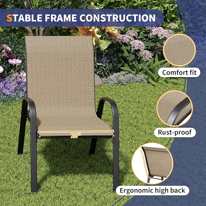Amopatio 3 Piece Patio Set, Outdoor Stackable Dinging Chairs for All Weather, Breathable Garden Outdoor Furniture for Backyard Deck, Brown