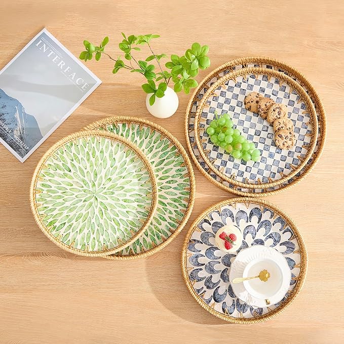 Round Rattan Tray with Mother of Pearl Inlay, Rattan Serving Tray with Wooden Base, Decorative Wicker Basket for Table Decor, Storage and Display of Coffee Bread Food Fruit (Checkerboard 13.5")