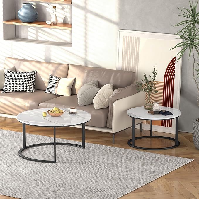 WiberWi Round Coffee Table Nesting Tables Set of 2, Large : Ø 33.5", Small : Ø 25.7", Modern Design Coffee Tables for Living Room, Metal Frame Circle Cocktail Table, High Glossy Faux White Marble
