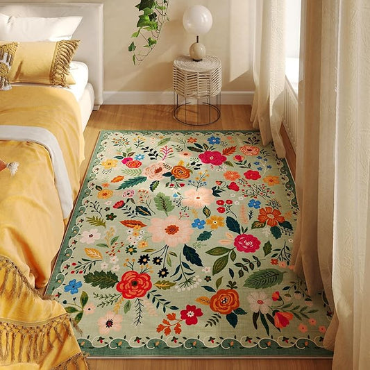 Rugcomf Bedroom Rug 3x5 Rug Washable Area Rug Non Slip Low Pile Boho Floral Small Carpet for Bedroom, Bedside, Kitchen, Entryway, Kids Room, Office, College Dorm Essentials for Girls(Green)