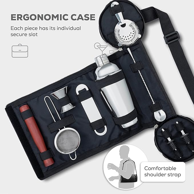 Cocktail Shaker Bartender Kit – Stainless Steel Drink Mixer Bar Accessories for The Home Bar Set with Travel Bag – Includes Muddler, Jigger, Strainer, Bar Spoon – 10-Piece Professional Cocktail Set