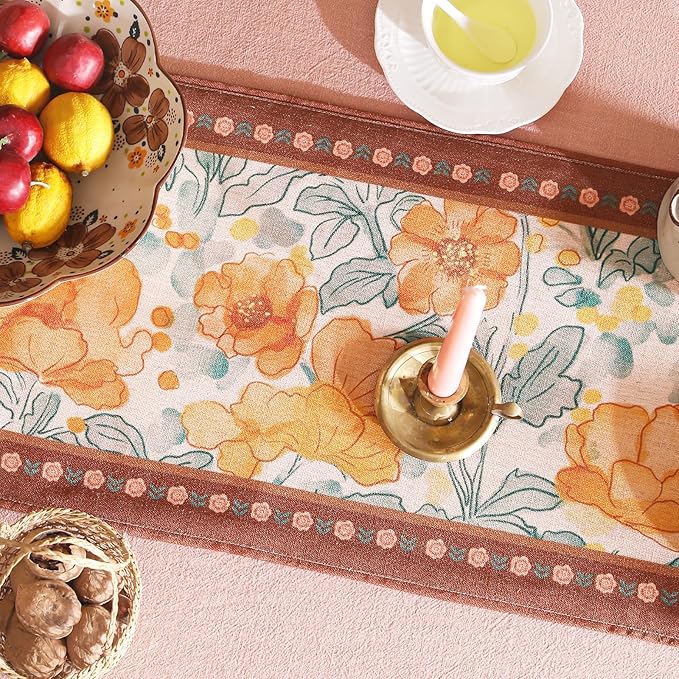 Designer Vintage Orange Floral Small Table Runner,French Farmhouse Soft Linen Coffee Table Runners 63 Inches Long,Decor Tabletop for Kitchen,Dining,Party,Home,Christmas,12"*63"