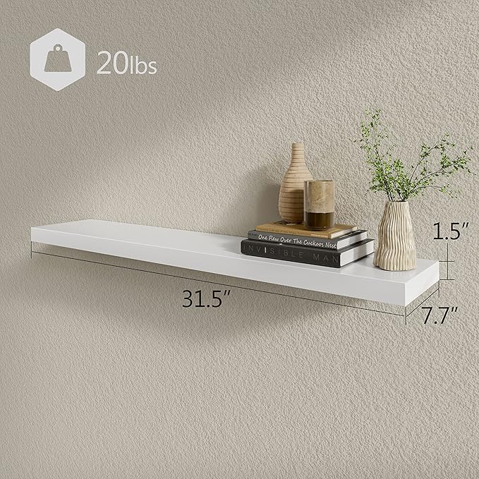BAMEOS Floating Shelves,31 in W White Wall Mounted Wooden Shelves with Invisible Brackets Set of 2, Hanging Wall Shelves Decoration for Bedroom, Bathroom, Living Room and Kitchen