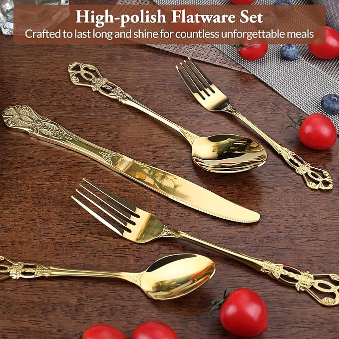Silverware Set, 30 Pieces Retro Royal Silverware Set for 6, Anti-rust Stainless Steel Flatware Set Including Fork Spoon and Knife, Dishwasher Safe, Gold
