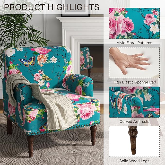 UIXE Floral Accent Chair, Living Room Arm Chairs Modern Nailhead Trim Club Armchair with Wood Legs, Comfy Upholstered Sofa Lounge Seat Reading Seat Bedroom Side Seating for Home Office