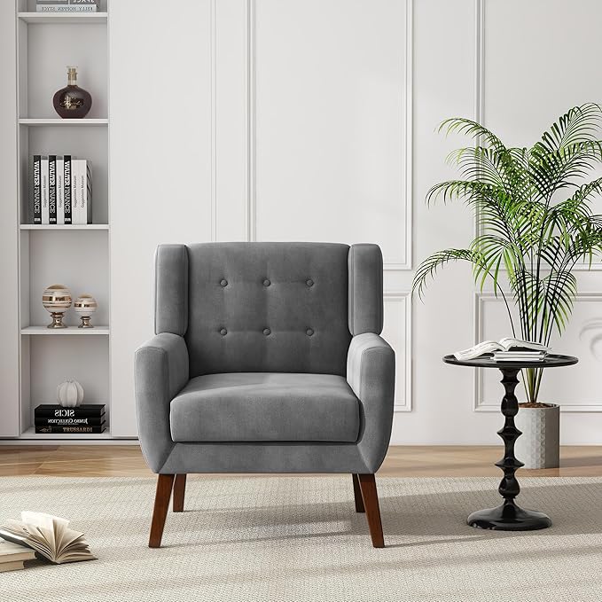 UIXE Accent Chairs Set of 2, Velvet Upholstered Armchair for Living Room, Modern Club Arm Chairs Comfy Single Sofa Button Tufted Bedroom Reading Seat - Gray