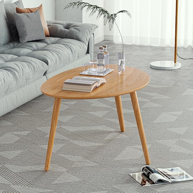 Small Oval Coffee Table, Mid Century Modern Coffee Table for Living Room, 100% Solid Oak Wood Side Table End Tables for Home (Original Wood Color, 25.59''x17.51''x19.68'')