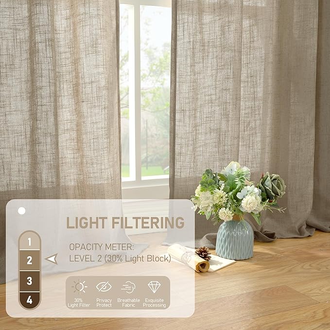 LAMIT Taupe Linen Curtains 90 Inch for Living Room, Back Tab and Rod Pocket Linen Textured Farmhouse Curtains Light Filtering Drapes for Bedroom/Dining Room, Set of 2, 52 x 90 Inch