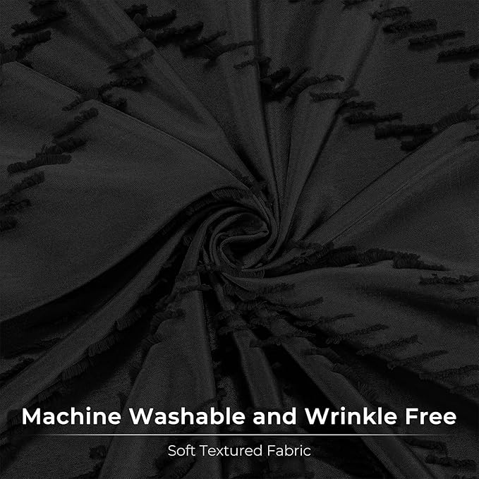 Extra Long Black Boho Shower Curtain 84 Inch Black Tufted Chevron Striped Fabric Shower Curtains for Bathroom Modern Shabby Chic Waterproof Cloth Shower Curtain Set with Hooks