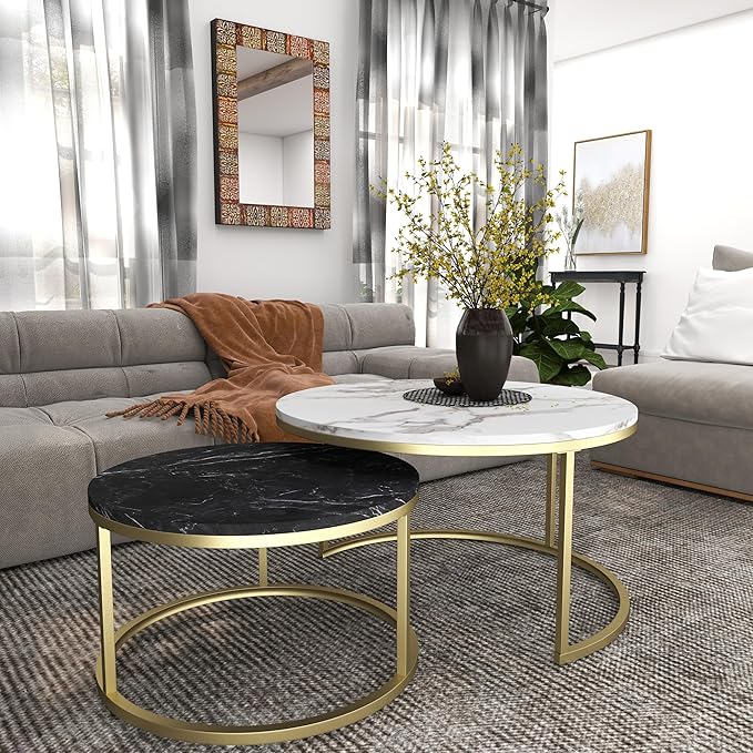 Nesting Coffee Table Set of 2, 31.5" Round Coffee Table Wooden Marble Pattern Accent Furniture, Industrial End Table for Living Room Bedroom Balcony (WhiteBlack/Gold)