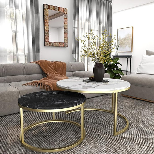 Nesting Coffee Table Set of 2, 31.5" Round Coffee Table Wooden Marble Pattern Accent Furniture, Industrial End Table for Living Room Bedroom Balcony (WhiteBlack/Gold)