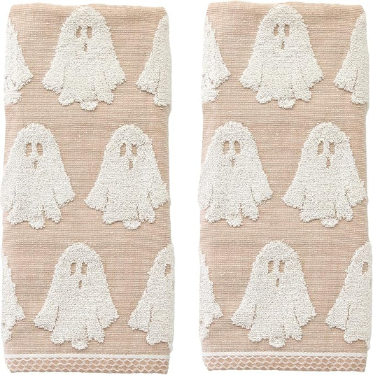 SKL Home Halloween Ghost Jacquard 100% Cotton Reversible 2pc Hand Towel Set, Soft & Absorbent, Decorative for Bath/Kitchen/Bar & Gift, Tan
