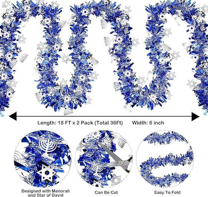 Hanukkah Decorations 2 Pack Total 36 FT Hanukkah Tinsel Garland with Menorah Star of David Silver Ornaments Blue Metallic Streamers Decor, Indoor Outdoor Chanukah Decorations for Home Party Supplies