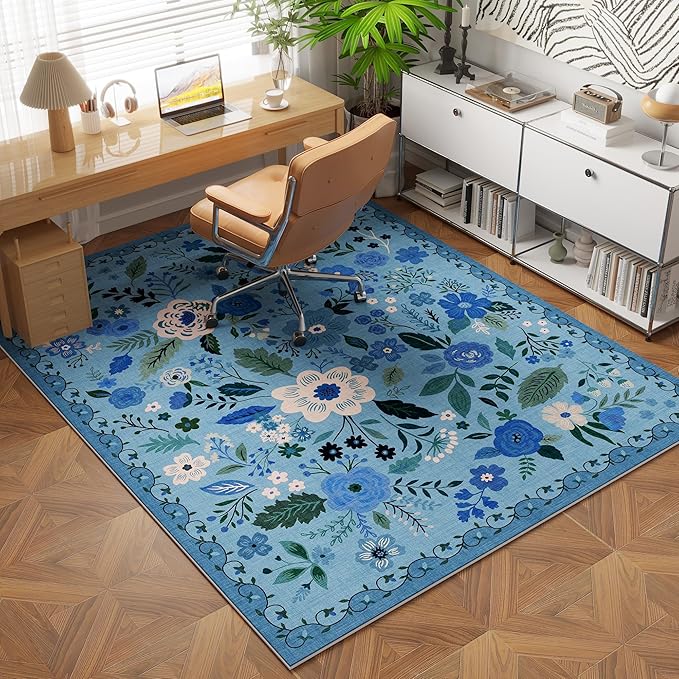 Rugcomf Bedroom Rug 3x5 Rug Washable Area Rug Non Slip Low Pile Boho Floral Small Carpet for Bedroom, Bedside, Kitchen, Entryway, Kids Room, Office, College Dorm Essentials for Girls(Blue)