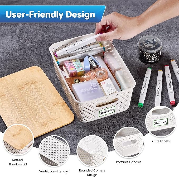 8 Packs Plastic Storage Bins with Bamboo Lids - Stackable Storage Bins Decorative Small Basket Containers for Organizing Shelves Office Classroom Desktop Closet, Cream White