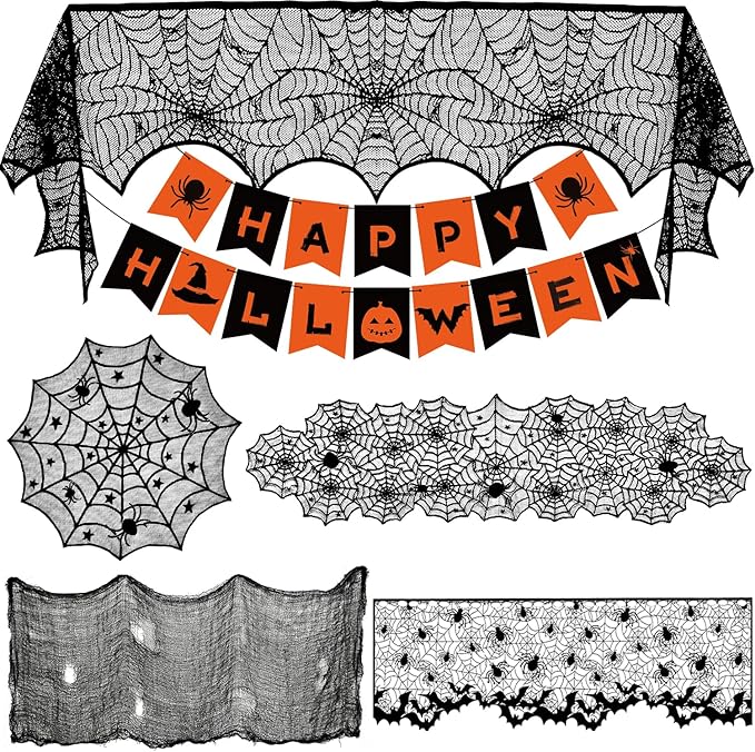 Colovis Decorations Indoor Set, 38PCS Table Decorations for Indoor, Mantel Scarf, Table Runner, Table Cover, Banner, 3D Bats, Lampshade & Creepy Cloth for Party Decor