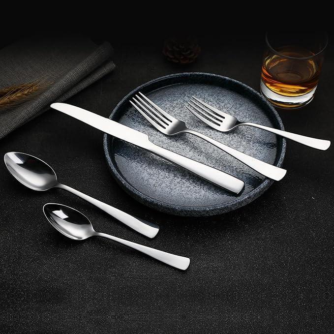 Amazon Basics 20-Piece Stainless Steel Flatware Set with Square Edge, Service for 4, Silver