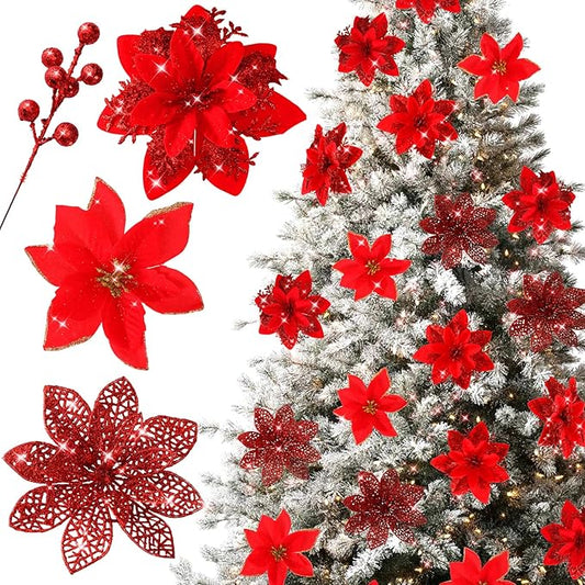 Floweroyal 60pcs Poinsettia Artificial Christmas Flowers Decorations with Clips and Berry Stems Glitter Ornaments for Christmas Tree Wreath Fireplace Stairs Decor (Red-3 Styles)