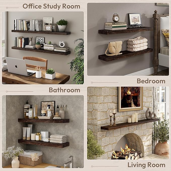 Marsmiles 55 inch Floating Shelves for Wall Solid Elm Wood Wall Mounted Shelves|Rustic Long Floating Shelves with Invisible Bracket for Bathroom Living Room Kitchen|Walnut, 1 Pack