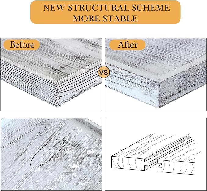 Extra Large Square Ottoman Table Tray 24" - Rustic Wooden Serving Tray for Farmhouse Decorative Oversized Coffee Table Trays Living Room Kitchen Counter Breakfast Whitewash