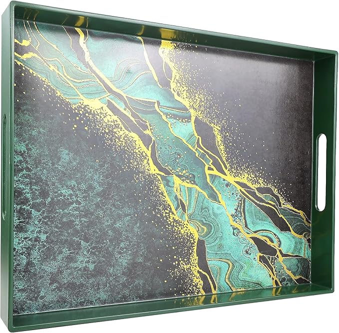Marble Green Decorative Tray for Coffee Table, Ottoman, Rectangular Plastic Serving Platter Tray with Handles for Entertaining, Outdoor Patio, Living Room Counter, 15.7”*11.8”*1.6”
