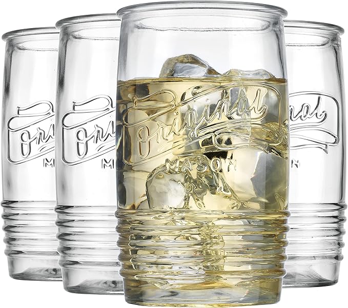 Glaver's Glass Tumbler Drinking Glasses Set of 4 – Genuine Artisan-Made Vintage Italian Original Mason – Elegant 20 Oz Clear Tumbler Glassware Set for Refreshing Drinks, Beverages, Iced Tea.