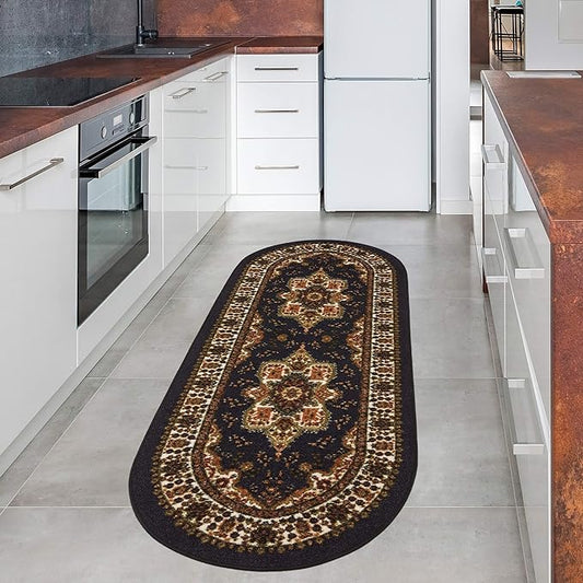 Antep Rugs Alfombras Oriental Traditional 2x5 Non-Skid (Non-Slip) Low Profile Pile Rubber Backing Kitchen Area Rugs (Black, 2' x 5' Oval)