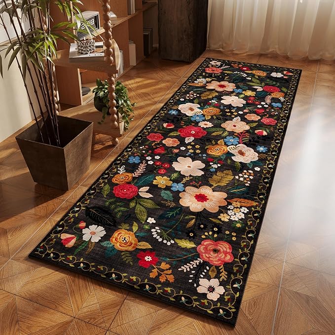 Rugcomf Runner Rug for Hallways Kitchen Rug Non Slip 2'6''x8' Washable Runner Rugs with Rubber Backing Soft Floral Carpet Runner for Hallways, Kitchen, Laundry, Bedroom, Bathroom(Black)