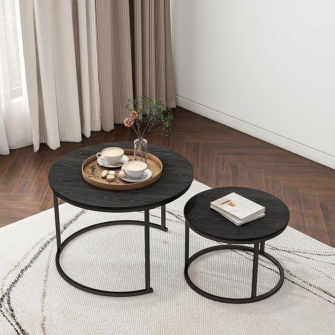 HOJINLINERO Round Coffee Table Set of 2 End Tables for Living Room,Black Coffee Table Nesting Tables,Living Room Table Wooden Accent Furniture Metal Frame,Sturdy Stacking Side Tables,Easy Assembly