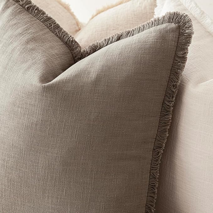 Foindtower Set of 2 Decorative Linen Fringe Throw Pillow Covers Boho Farmhouse Cushion Cover with Tassels Soft Accent Pillowcase for Couch Chair Sofa Bed Living Room Home Decor,20×20 Inch,Brown Tan