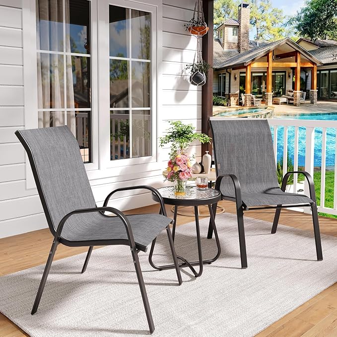 Amopatio 3 Piece Patio Set, Outdoor Stackable Dinging Chairs for All Weather, Breathable Garden Outdoor Furniture for Backyard Deck, Dark Grey