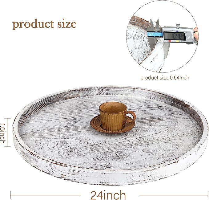 Extra Large Round Ottoman Table Tray Round-24 - Rustic Wooden Serving Tray for Farmhouse Decorative Oversized Coffee Table Trays Living Room Kitchen Counter Breakfast Whitewash