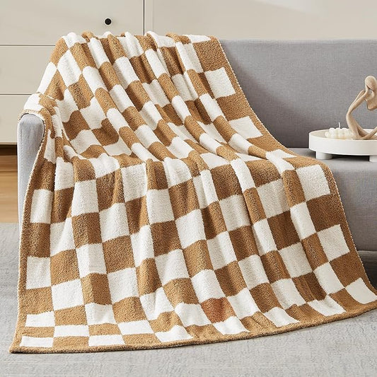 WRENSONGE Fall Checkered Throw Blanket, Burnt Orange Soft Cozy Fluffy Warm Hand Made Throw Blankets for Couch, Sofa, Chair, Bed, Camping, Picnic, Travel Lightweight Bed Blanket - 50"*70"