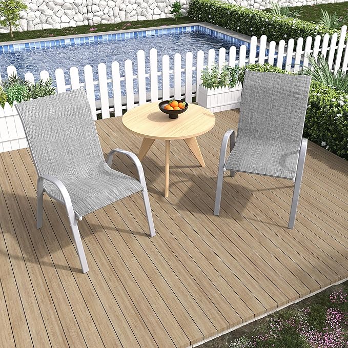 Amopatio Patio Chairs Set of 2, Outdoor Stackable Dining Chairs for All Weather, Comfortable Breathable Garden Outdoor Furniture for Backyard Deck, Grey & White