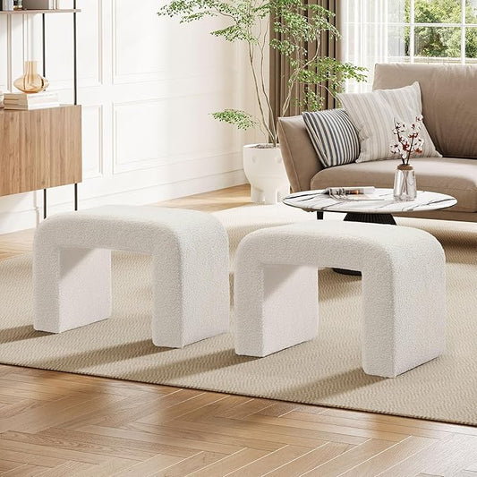 Tribesigns White Vanity Stool Chair, Modern Ottoman Foot Rest for Couch, Large Foot Stool Ottoman, Extra Seating for Living Room, Shoe Bench for Entryway, Arched Makeup Stool for Vanity, 2 Packs