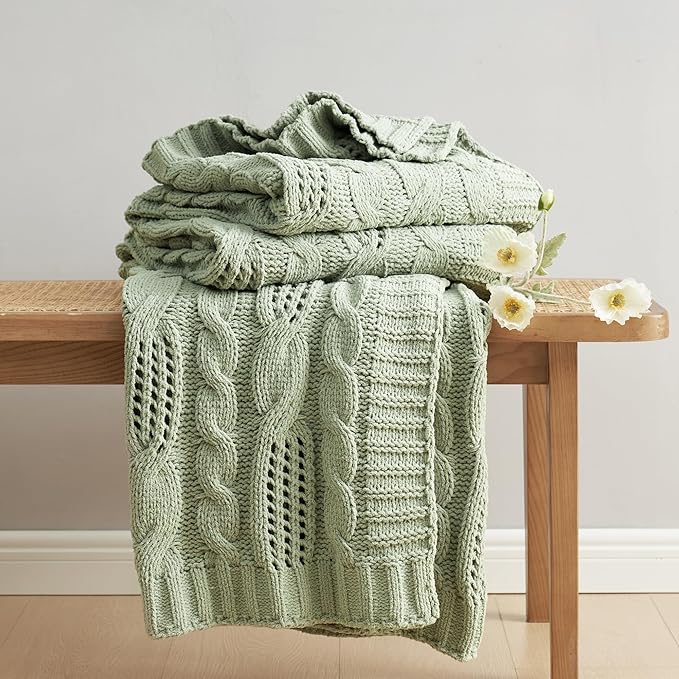 Amélie Home Chunky Knit Chenille Throw Blanket, Dual-Sided Soft Chenille Breathable Cable Knitted Blanket for Couch, Farmhouse Decorative Throw for Sofa & Chair, 60"x80", Sage Green