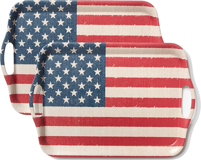 KINGEN 2-Pack Patriotic Bamboo Fiber Serving Trays - 18×13-inch Extra Large w/Handles Tray, Stars & Stripes Platters for 4th of July, Christmas, Birthday, BBQ, Party - Red, White & Blue Decor