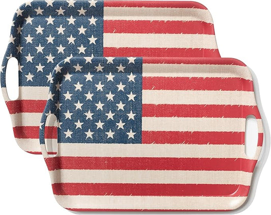 KINGEN 2-Pack Patriotic Bamboo Fiber Serving Trays - 18×13-inch Extra Large w/Handles Tray, Stars & Stripes Platters for 4th of July, Christmas, Birthday, BBQ, Party - Red, White & Blue Decor