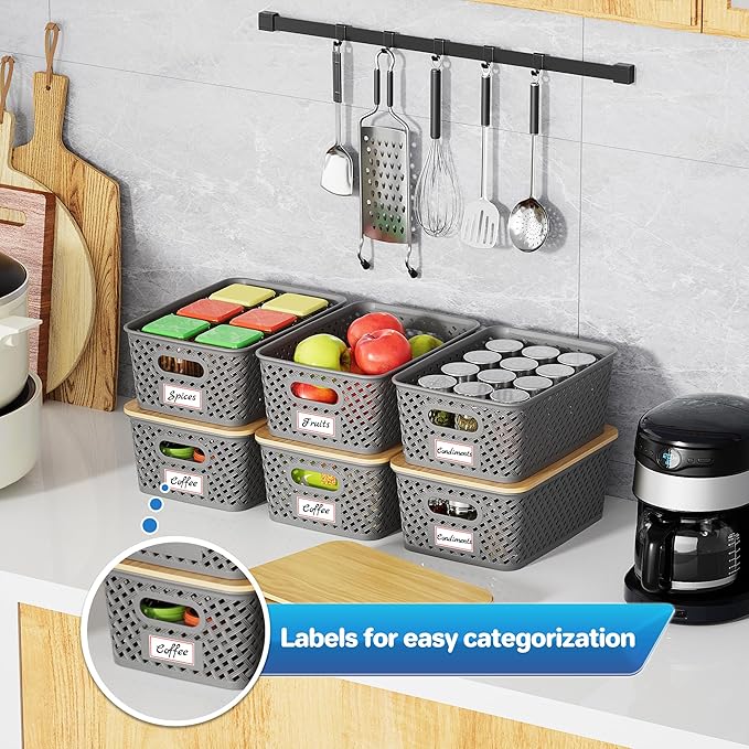 8 Packs Plastic Storage Bins with Bamboo Lids - Stackable Storage Bins Decorative Small Basket Containers for Organizing Shelves Office Classroom Desktop Closet, Grey