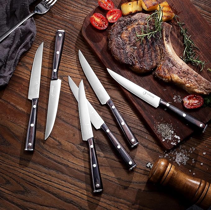 High-end Steak Knives Set of 6, Gift Box - Black Natural Wooden Handle, German Stainless Steel - Straight Edge Non Serrated - 4.8''Dinner Knife, Kitchen Tableware Knives Cutlery Set