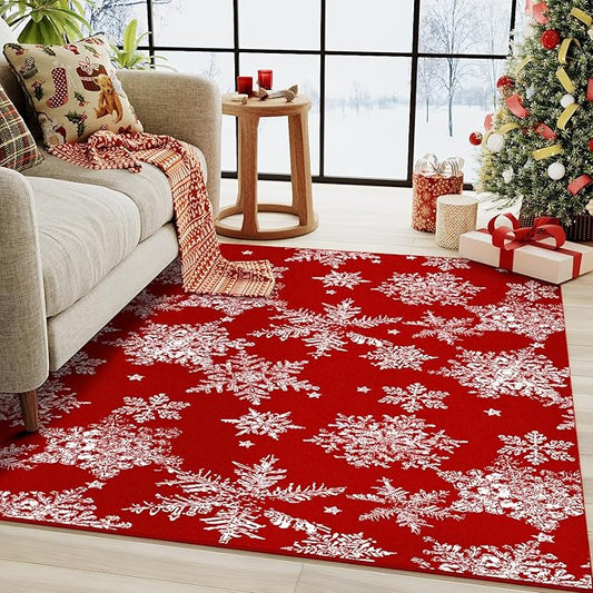 Red Area Rug 4x6 Christmas Office Carpet Snowflake Washable Doormat Xmas Holiday Decor Non Slip Indoor Kitchen Accent Rug Decorative for Entryway Dining Room