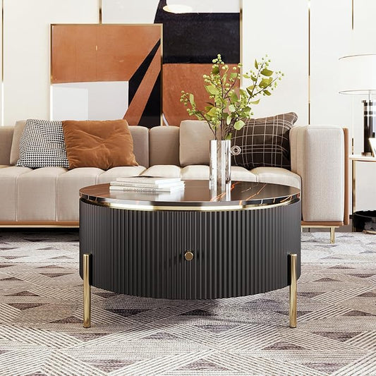 Modern Round Coffee Table with 2 Large Drawers Storage Accent Table(31.5'')