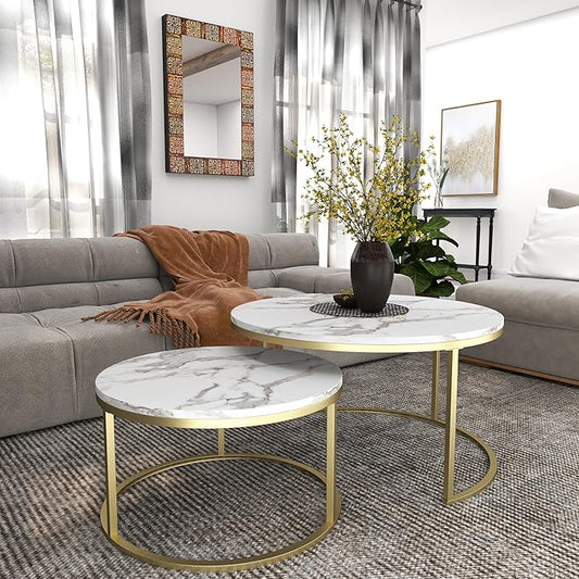 Nesting Coffee Table Set of 2, 31.5" Round Coffee Table Wooden Marble Pattern Accent Furniture, Industrial End Table for Living Room Bedroom Balcony (White/Gold)